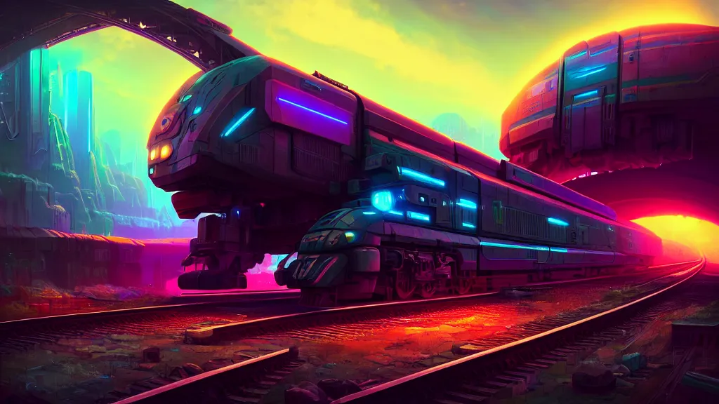 Prompt: cyberpunk locomotive on railroad through fantasy cyberpunk underground caverns. digital render. digital painting. beeple. noah bradley. cyril roland. ross tran. trending on artstation.