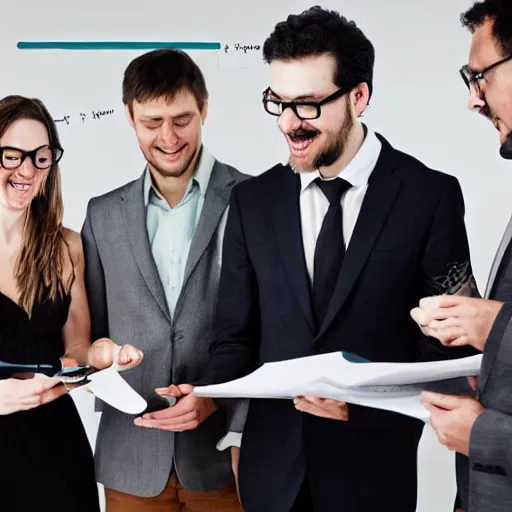 Image similar to An award-winning photograph of a group of data scientists presenting some terrible graphs to the laughing CEO