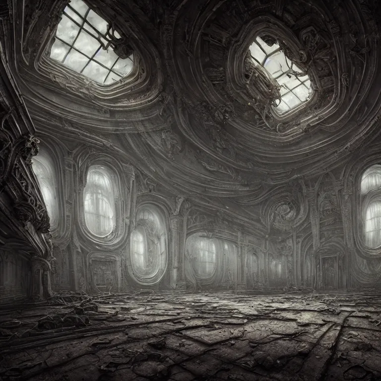 Prompt: surreal interior of abandoned ancient alien spaceship covered with ribbed spinal tubes, surreal abandoned buildings, dream-like heavy atmosphere, baroque painting, beautiful detailed intricate insanely detailed octane render trending on Artstation, 8K artistic photography, photorealistic, volumetric cinematic light, chiaroscuro, Raphael, Caravaggio, Beksinski, Giger