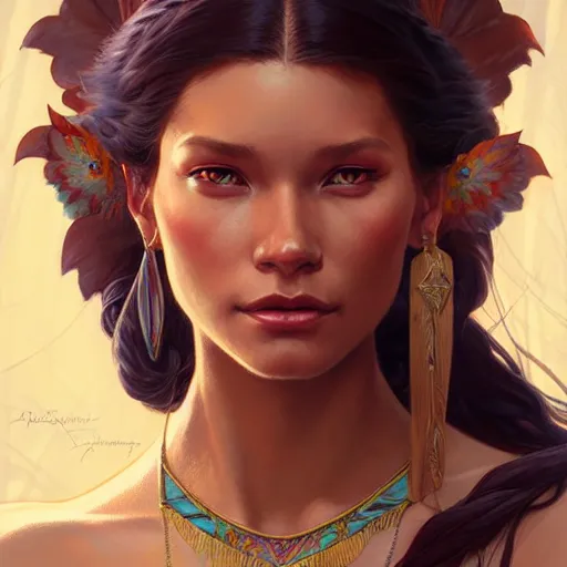 Image similar to Pocahontas, D&D, fantasy, intricate, elegant, highly detailed, digital painting, artstation, concept art, matte, sharp focus, illustration, art by Artgerm and Greg Rutkowski and Alphonse Mucha