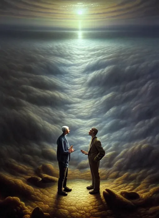 Image similar to a hyper - detailed 3 d render like a oil painting of god speaking with his creation, surrealism!!!!! surreal concept art, lifelike, photorealistic, digital painting, aesthetic, smooth, sharp focus, artstation hd, by greg rutkowski, chris tulloch mccabe, valentina remenar and asher duran,