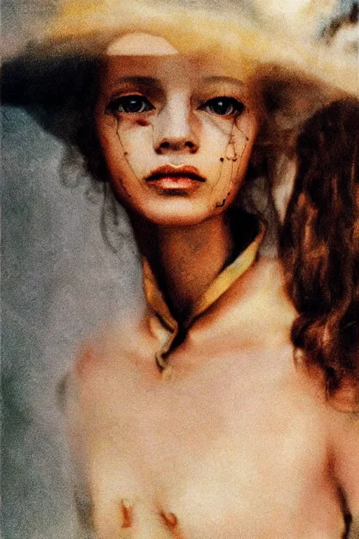 Image similar to hyperrealism close - up fashion portrait by roversi photo from the holy mountain by alejandro jodorowsky in style of francisco goya