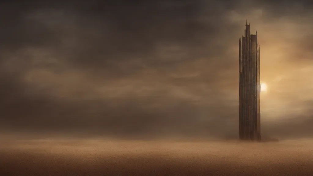 Image similar to patrick j. jones. rutkowski. the last tower. sandstorm. lonely. ominous. golden hour. 3 8 4 0 x 2 1 6 0