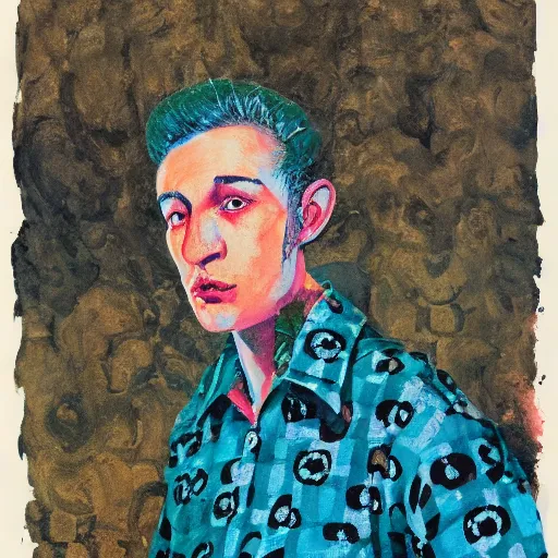 Prompt: portrait of a man camouflaged as a waffle whilst wearing denim coveralls graham sutherland ilya repin brad rigney eyvind earle dan witz mark ryden watercolor