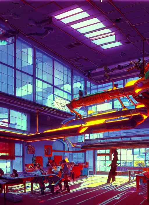 Prompt: photo of solarpunk school, scifi, bright light, utopian decorations, high school!!, morning sun, interesting angle, 8 k high definition, insanely detailed, art by syd mead and masamune shirow
