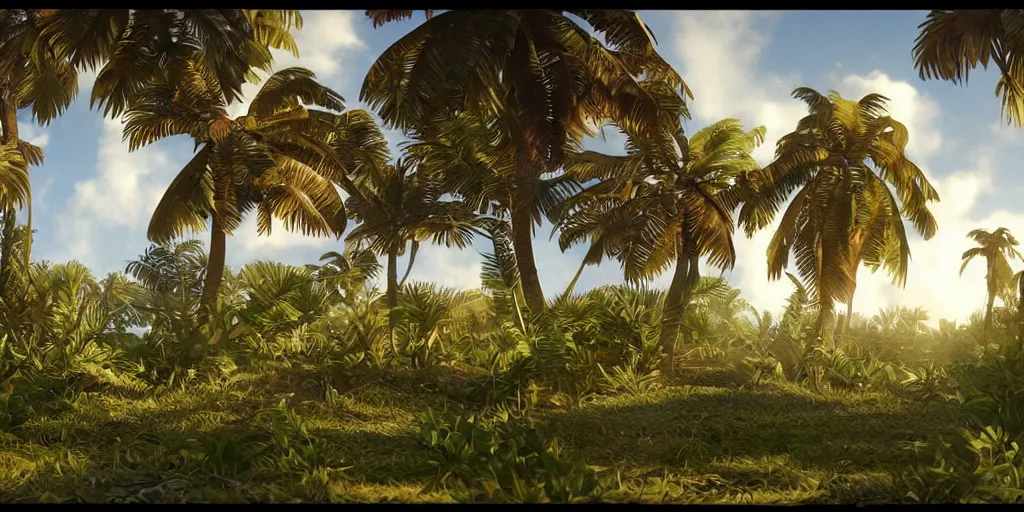 Prompt: the coconut leaves, good shade it gives,, silly, laughing, highly detailed vfx, cinematic, volumetric lighting,