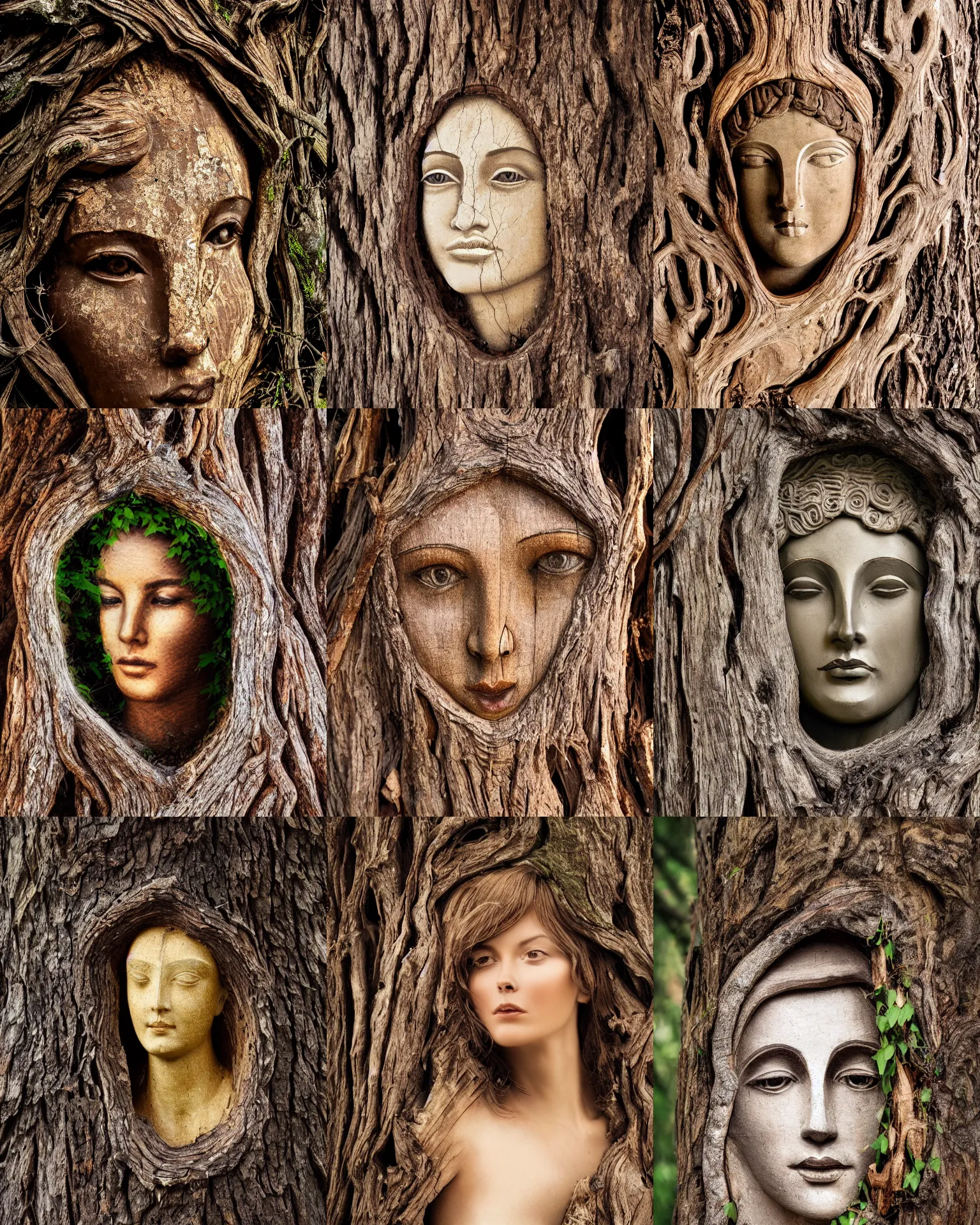 Prompt: a beautiful goddess portrait emerging from the bark of an ancient tree, vines and cracked wood