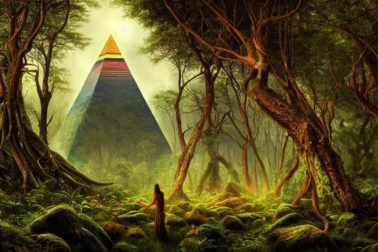 Prompt: a beautiful and highly detailed digital painting of one distant elven pyramid in a mystical forest, psychedelic patterns, intricate details, epic scale, hyperdetailed, hyperrealism, artstation, cgsociety, 8 k, sharp focus, by caspar friedrich, albert bierstadt, james gurney, zeen chin, alex grey,