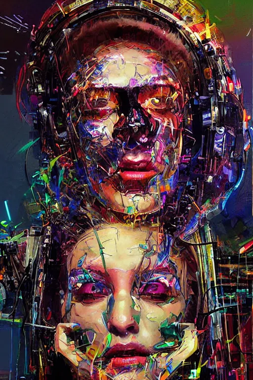 Prompt: portrait, headshot, digital painting, an delightfully crazy techno - shaman lady in circuit electronic mask, synthwave, glitch, pixel sort, fracture, realistic, hyperdetailed, chiaroscuro, concept art, art by john berkey