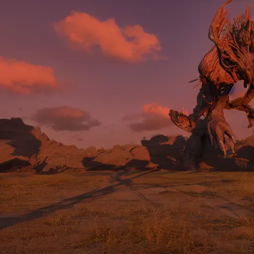 Image similar to a huge shadow creature towering over the town dramatic sunset lighting, artstation, 8k unreal engine