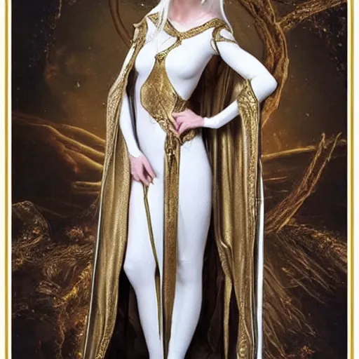 Image similar to perfect image of an elven woman dressed in white and gold