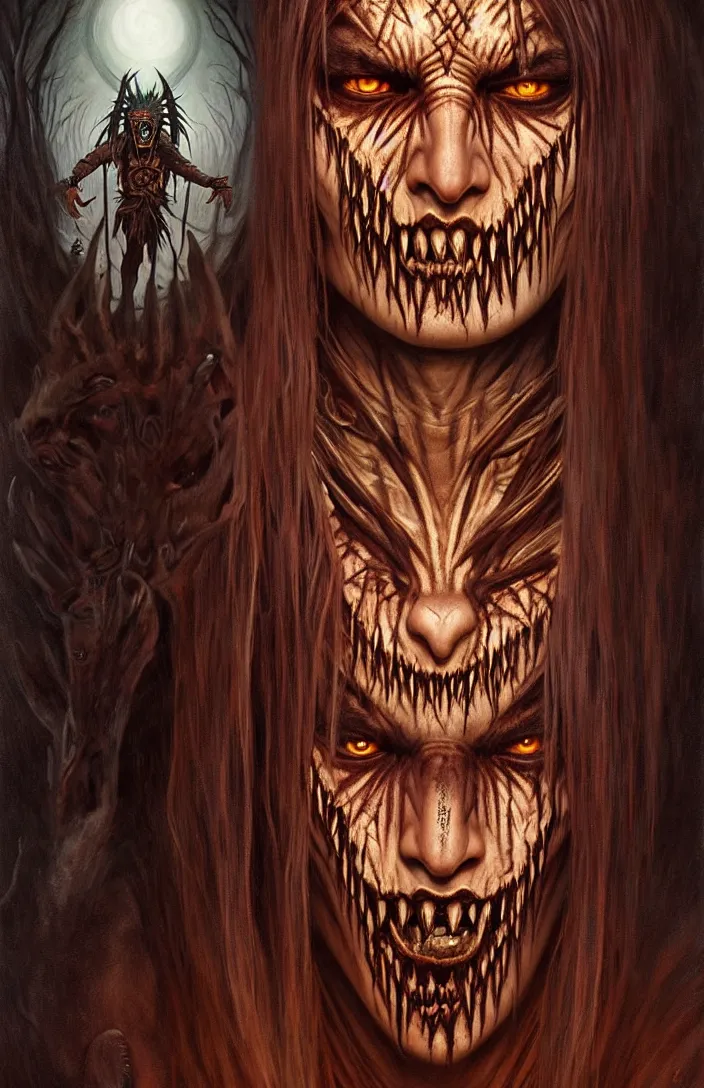 Image similar to evil native american skinwalker transformation, horror demon, heroic lighting, dark fantasy, intricate, elegant, highly detailed, lifelike, photorealistic, digital painting, artstation, illustration, concept art, smooth, sharp focus, art by John Collier and Albert Aublet and Krenz Cushart and Artem Demura and Alphonse Mucha