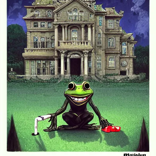 Image similar to A portrait of a scary godlike anthropomorphic frog smoking a cigarette , mansion made of mushrooms in background . award winning. superb resolution. in the art style of junji Ito and greg rutkowski . Detailed Mushroom city in background. Hyper realistic anime. Perfect art. Dalle2