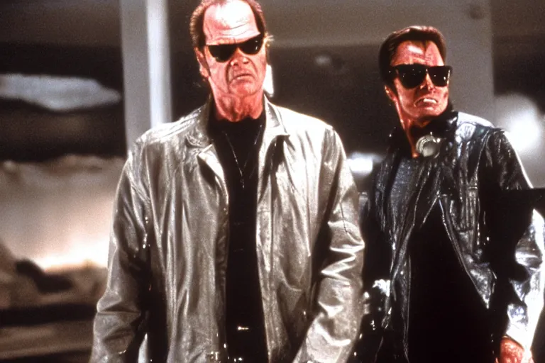 Image similar to Jack Nicholson plays Terminator, scene where his endoskeleton gets exposed, still from the film