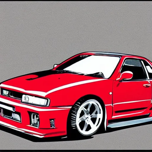 Image similar to beautiful illustration of a ninja driving a modified Nissan skyline r34 with red liquid on it