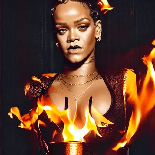 Image similar to a portrait of rihanna wearing a latex bodysuit standing in front of a burning down house. she's holding a flaming torch. exquisite details. photorealistic.