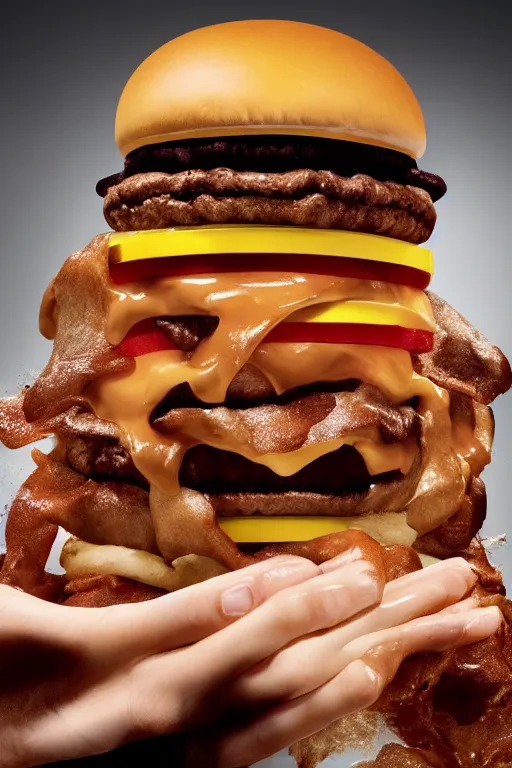 Prompt: mcdonalds hamburger smashed by a giant fist, commercial photography