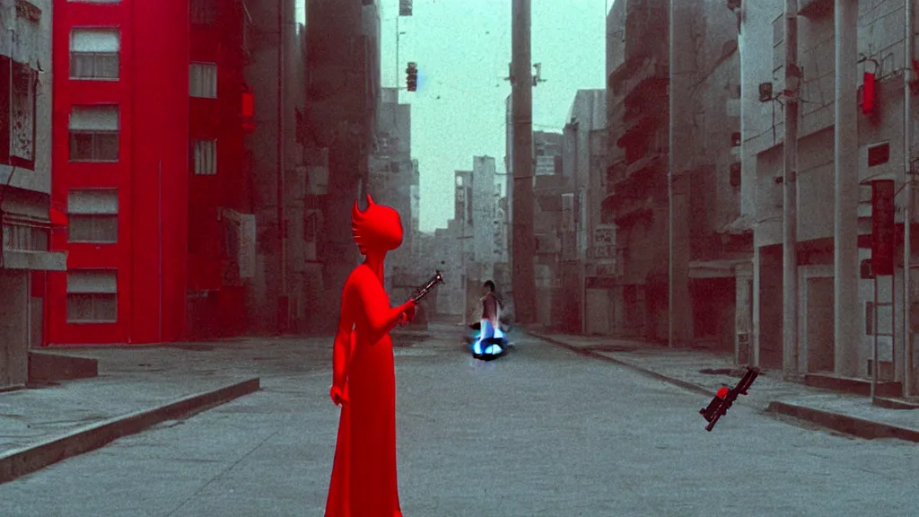 Image similar to a woman in a red dress wearing a red demon mask standing alone on an empty street in downtown Tokyo with a gun, film still from the an anime directed by Katsuhiro Otomo with art direction by Zdzisław Beksiński, wide lens