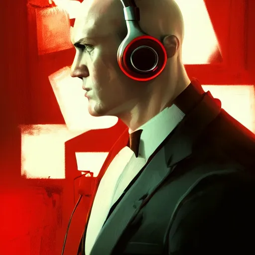 Image similar to a portrait of agent 4 7 from hitman wearing headphones, dark background, red rim light, highly detailed, digital art, artstation, concept art, smooth, sharp focus, greg rutkowski, wlop