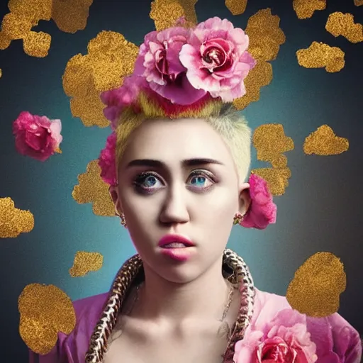Image similar to “ 8 k, octane render, realism, tonalism, renaissance, rococo, baroque, portrait of miley cyrus wearing long - harajuku manga - dress with flowers and skulls, cotton candy!! ( background chaotic gold leaf flowers ) ”