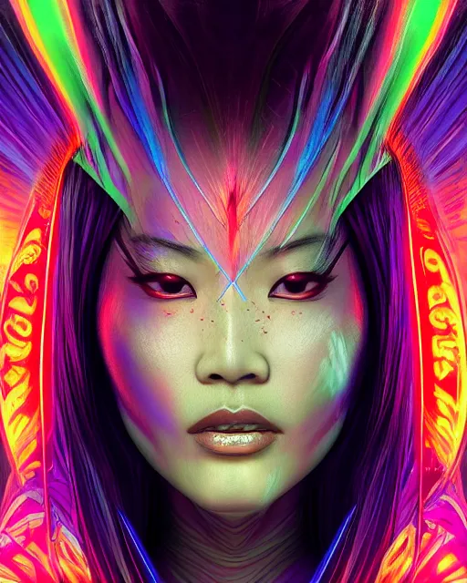 Image similar to a powerful energy psychedelic matrix asian woman, by alexander fedosav, hyper detailed digital matte painting, concept art, hyperrealism, 1 6 k resolution, cinema 4 d, 8 k resolution, trending on artstation, behance hd, a masterpiece, by stephan martiniere, particles, cel - shaded, power bright neon energy, by david a. hardy