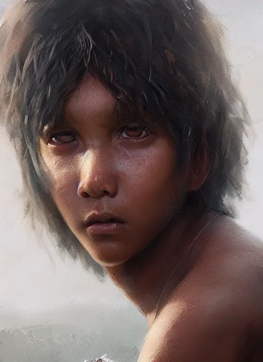 Image similar to highly detailed portrait of mowgli, unreal engine, cinematic light, warm, fantasy art by greg rutkowski