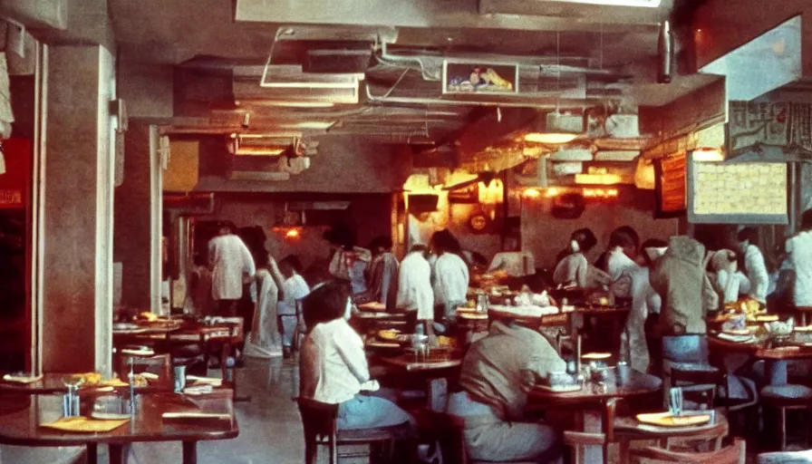 Image similar to 70s movie still of north korean restaurant, eastmancolor, heavy grain, high quality, higly detailed