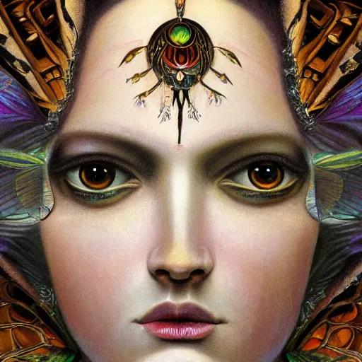 Prompt: a baroque neoclassicist closeup renaissance portrait of a beautiful forest queen with glowing eyes, moth wings with iridescent geometric patterns, reflective detailed textures, dark fantasy science fiction painting by diego rivera and jean delville and nicholas roerich, goth, dramatic lighting, gleaming silver and rich colors, artstation, octane render