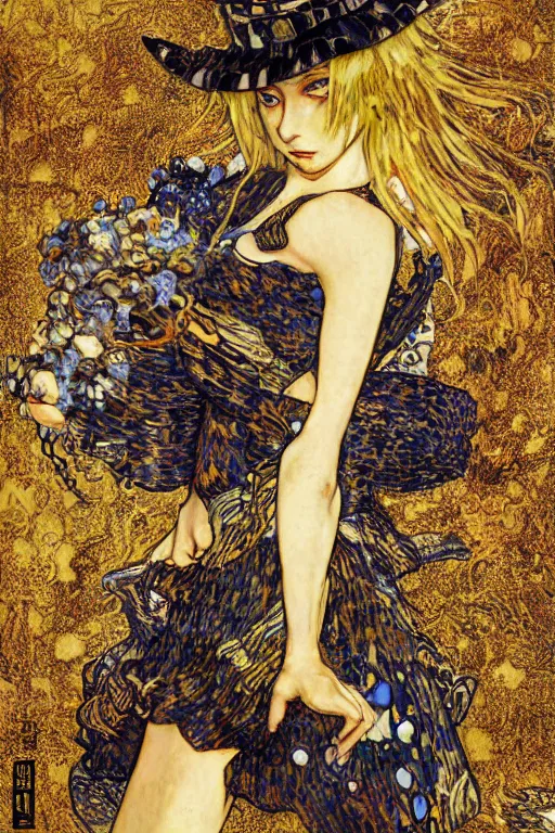 Image similar to Kirisame Marisa from touhou, official artwork, danbooru, by Karol Bak, Jean Deville, Gustav Klimt, and Vincent Van Gogh, Surreality, fractal structures, arcane, ornate gilded medieval icon