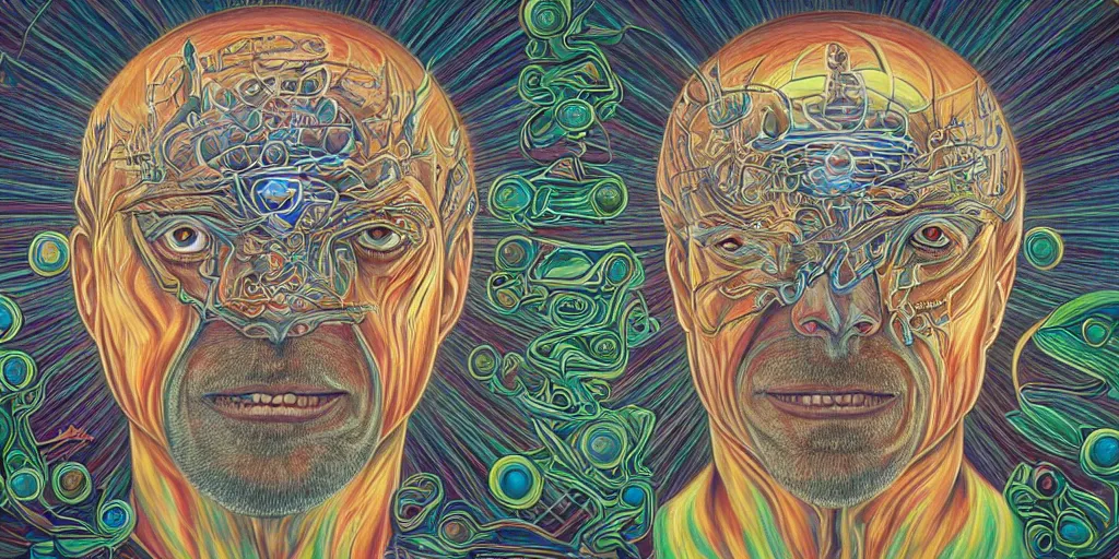 Image similar to a surreal man with his third eye opening by alex grey