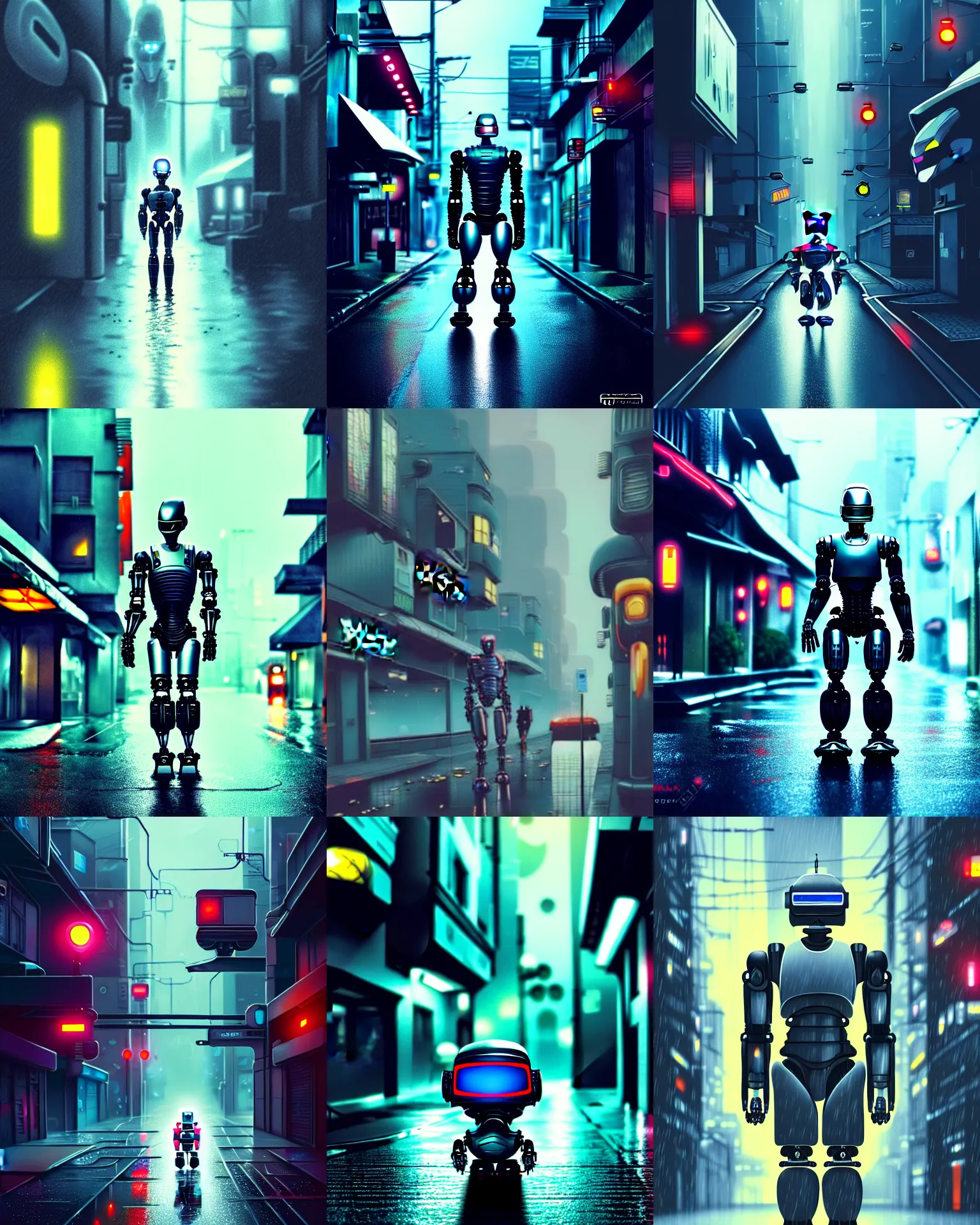 Prompt: robocop duck, cyberpunk street, late night, raytracing, rain, moody, interesting angle, parody, caricature, biomechanical, smooth, studio ghibli