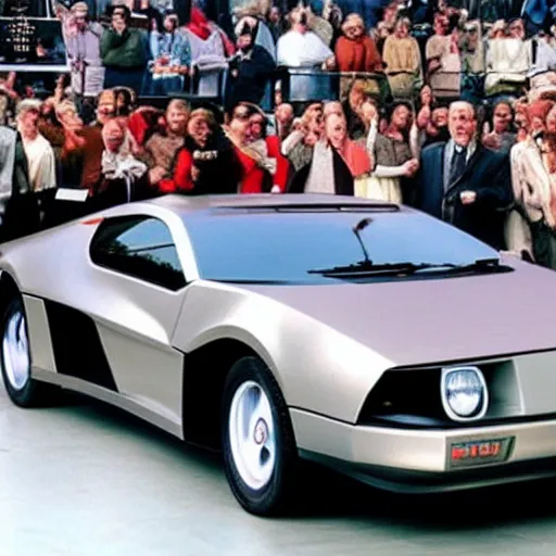 Prompt: a renaissance picture of the unveiling of a delorian car to a crowd of amazed scholars