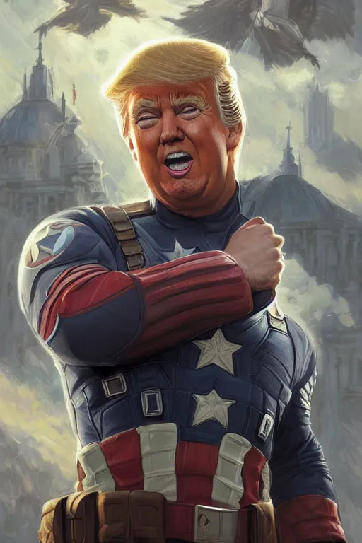 Image similar to Donald Trump as Captain America full body portrait, D&D, fantasy, intricate, elegant, highly detailed, digital painting, artstation, concept art, matte, sharp focus, illustration, art by Artgerm and Greg Rutkowski and Alphonse Mucha