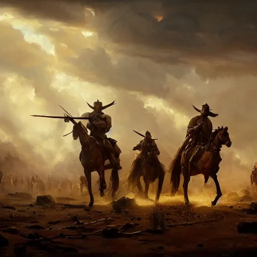 Image similar to a dramatic epic ethereal war scene during archetypical Old West period, 19th century, dynamic poses, cinematic lighting, highly detailed oil on canvas painting by Greg Rutkowski, winning-award digital art trending on Artstation H 832 W 1024