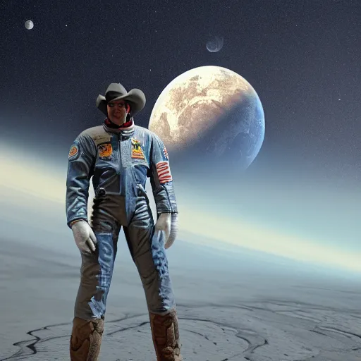 Image similar to apollo 8 cowboy earthrise cowboy in cowboy space, octane render, blender render, unreal engine, 3 5 mm, cowboy, with earth in rising in the sky in the background