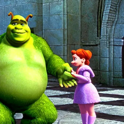 Prompt: A still of Shrek meeting Kirby for the first time in Shrek (2001) by Dreamworks