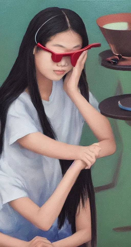 Image similar to a gen z teenage asian girl sitting at a small table, hand combing the hair, wearing vr googles, aged desaturated oil painting by mai trung thu