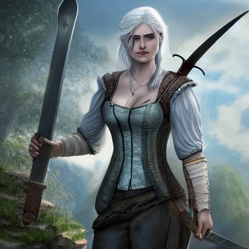 Prompt: Ciri from the Witcher standing on a roof holding a sword, realistic digital art.