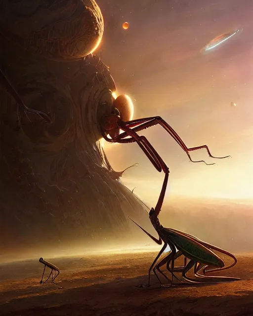 Image similar to a giant space praying mantis eats planet, photo realistic, epic composition, epic light, high details by greg rutkowski and mark marc simonetti