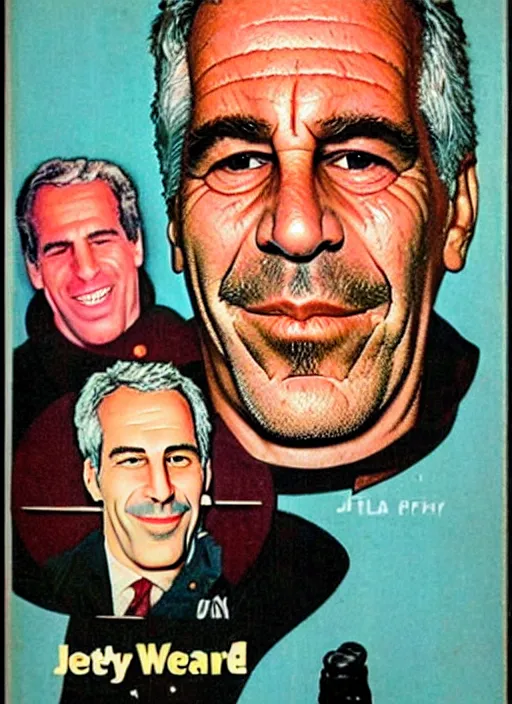 Prompt: creepy Jeffrey Epstein with a scary comically large smile, 1940s scare tactic propaganda art