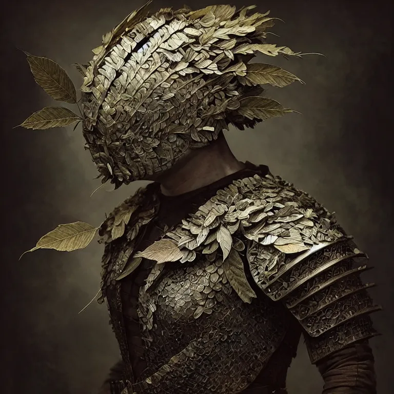 Image similar to old tintype portrait of a realistic armour made of leaves, no face, dramatic light, dystopian environment, intricate, elegant, highly detailed, centered headdress, artstation, concept art, sharp focus, artgerm, tomasz alen kopera, peter mohrbacher, donato giancola, joseph christian leyendecker, wlop, boris vallejo