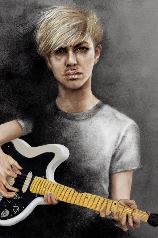 Prompt: blonde wild hair boy playing fender stratocaster, black eye - patch, close - up portrait, plain white tshirt, powerfull, intricate, elegant, volumetric lighting, scenery, digital painting, highly detailed, artstation, sharp focus, illustration, concept art, steve mccurry