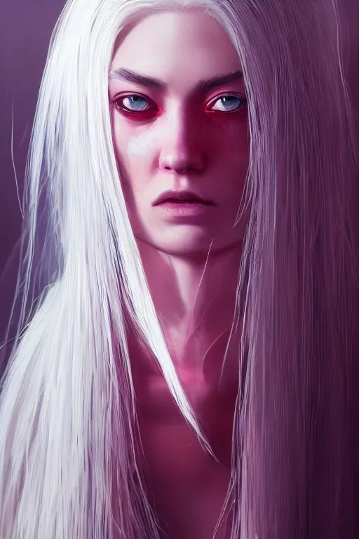 Image similar to a beautiful portrait of an attractive women with long white hair and deep pink eye colour by greg rutkowski, sung choi, mitchell mohrhauser, maciej kuciara, johnson ting, maxim verehin, peter konig, 8 k photorealistic, cinematic lighting, hd, high details, dramatic, atmosphereric, trending on artstation