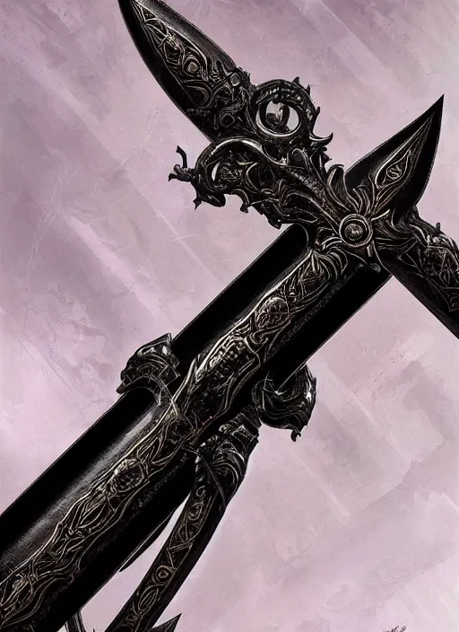 Image similar to legendary sword of technology, intricate black and iridescent blade, ornate gothic baroque spikes, glowing handle, detailed realistic, ray tracing, colored gems, art by greg rutkowski