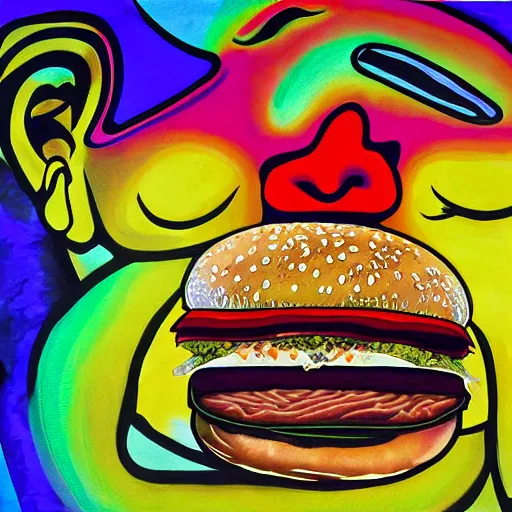 Image similar to psychedelic painting of a man eating a hamburger