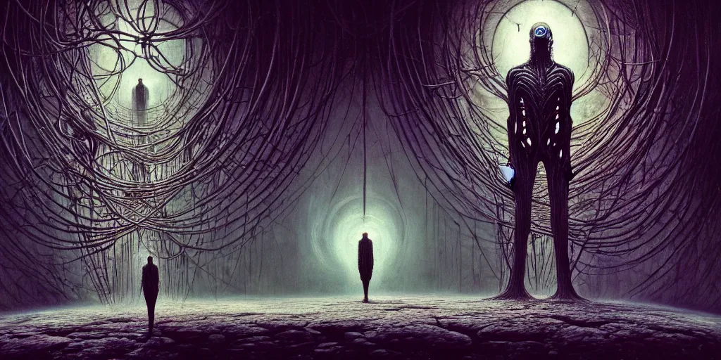 Prompt: a trippy photo of a single lonely person going through different interentangled timelines, hoping to one day get out of this space, by HR Giger and Beksiński and Stephan Martiniere , 4k resolution, detailed, trending on artstation