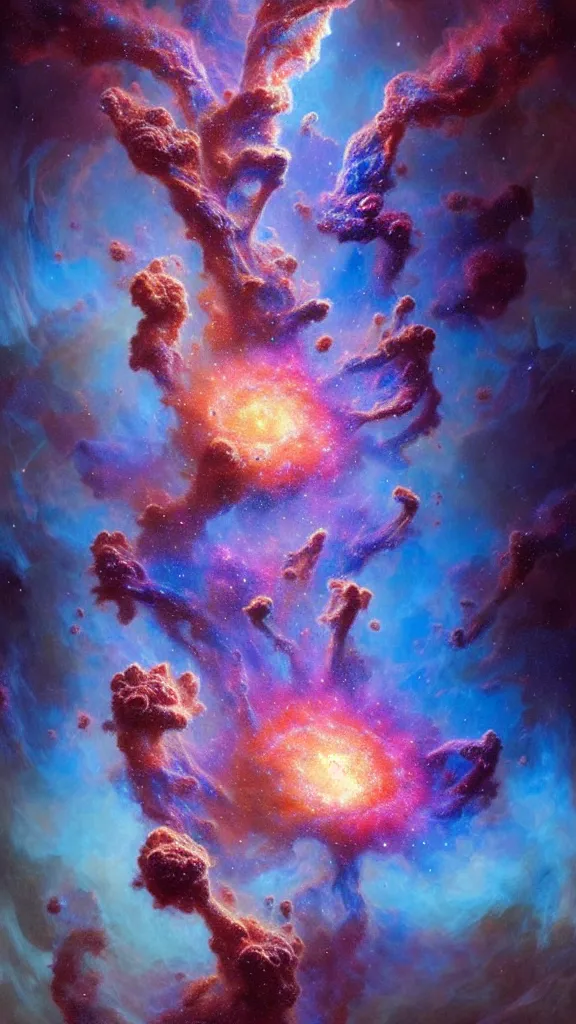 Image similar to psychedelic transcendent puffs! of smoke explosion, space, supernova, nebulae, pillars of creation, enlightenment, high contrast lighting, highly detailed, concept art, art by collier, albert aublet, krenz cushart, artem demura, alphonse mucha