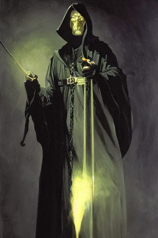 Image similar to a shady figure wearing a black robe and holding a sword vertically in front of its face, painting by brom