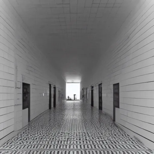Image similar to A long, dark hall; the floor is made of white tiles. The ceiling has a small circular hole in it with faintly glowing stars visible through it at night time. There are no windows or other exits.
