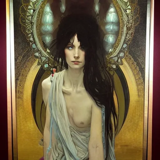 Image similar to an acrylic on canvas painting of a beautiful alien priestess by Greg Rutkowski, artgem and Alphonse Mucha. Epic fantasy art.